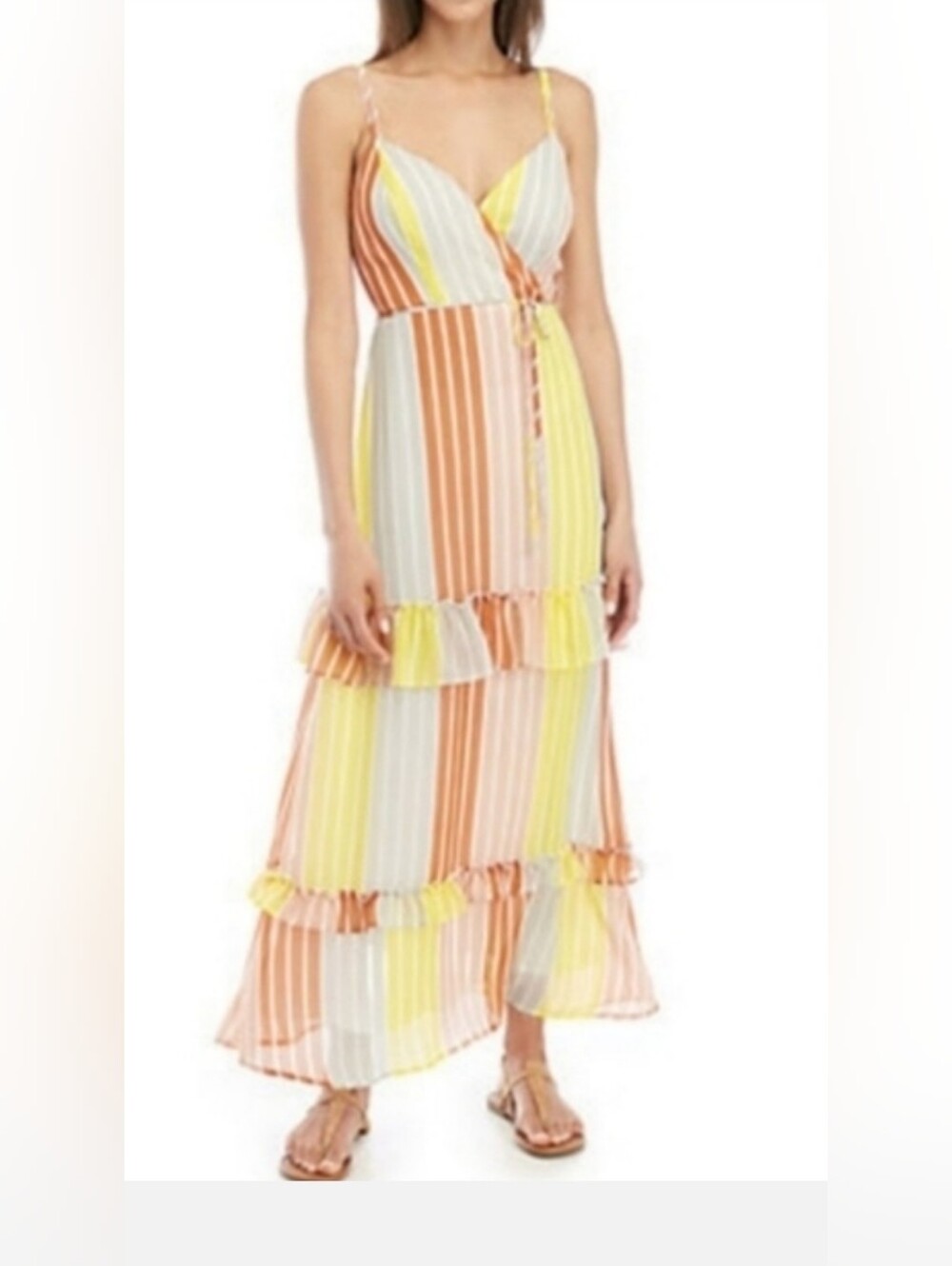 NWT! Boho Summer Resort Sunset Pin-Striped Women's Tiered V-Neck Maxi Dress XS